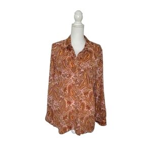 Talbots Gold Paisley Button Up Polyester Blouse Roll Tab Sleeves XL
